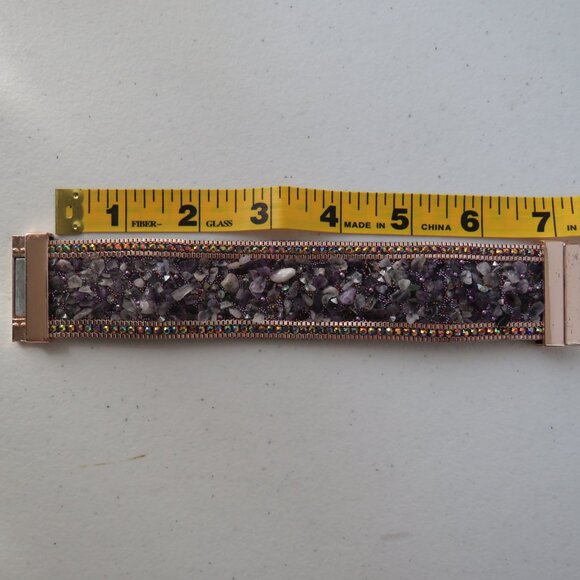 Natural Amethyst Chips Rhinestones Suede Leather Magnetic Clasp Bracelet - Picture 14 of 15